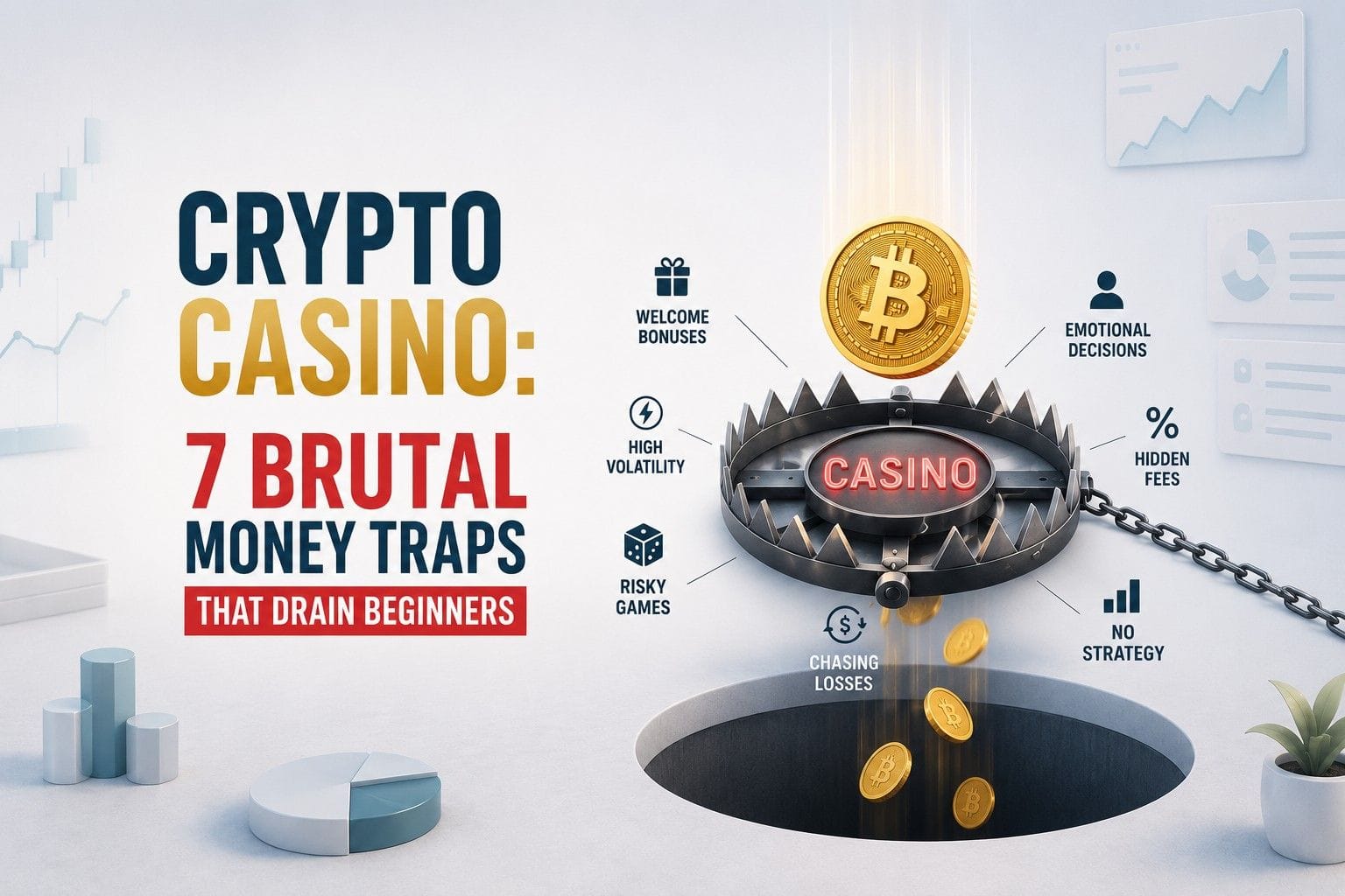 Crypto casino chips and Bitcoin coin on a dark green felt table, illustrating money traps