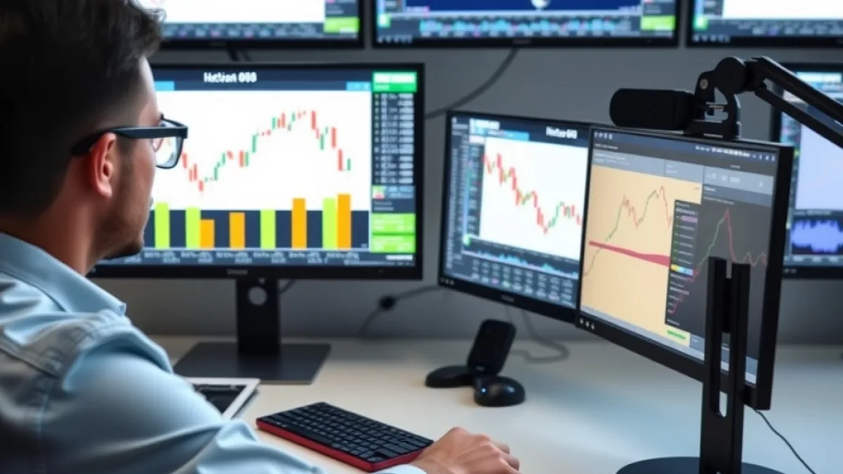 Bitcoin 50-week EMA: cryptocurrency trader monitoring bitcoin chart on multiple