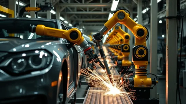 Canada US tariff escalation: automotive assembly line with robotic welding equipment