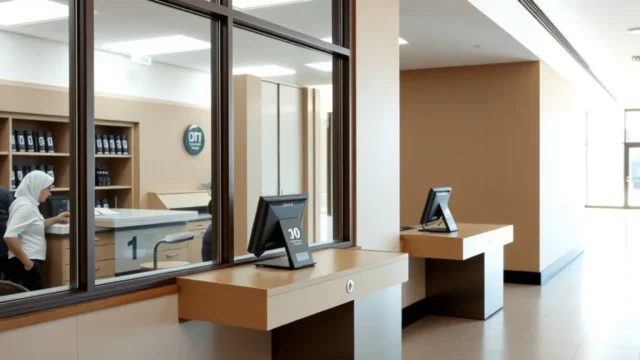 Tokenized deposits: bank teller window and counter with numbered