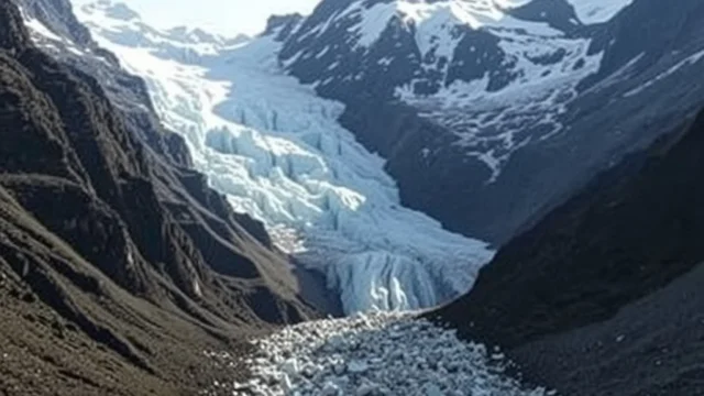 Nepal Tibet border floods: mountain glacier calving into valley ice