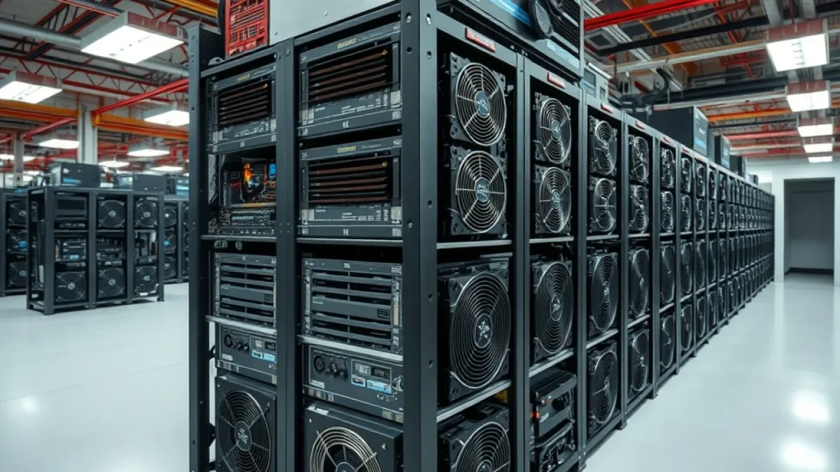 Trump token collapse: cryptocurrency mining operation with stacked computer hardware