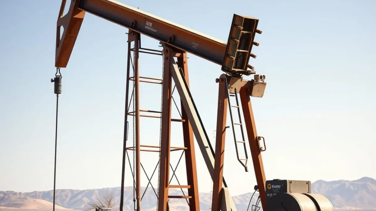 Venezuelan oil reserves: oil derrick pump jacks desert landscape industrial