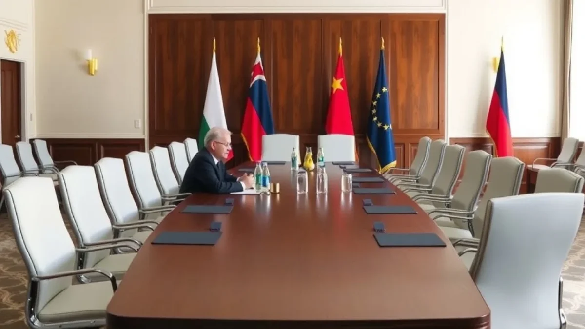 Oscar Jenkins release: diplomatic meeting room chairs table formal setting