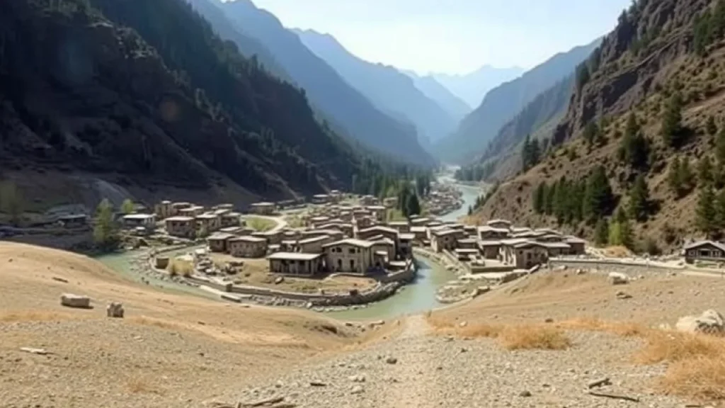 Nepal Tibet border floods explained: mountain village landscape with river valley high