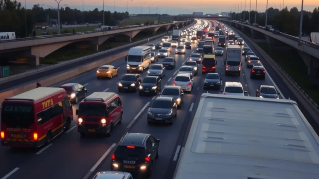 Gas prices squeeze explained: highway traffic congestion at dusk multiple lanes