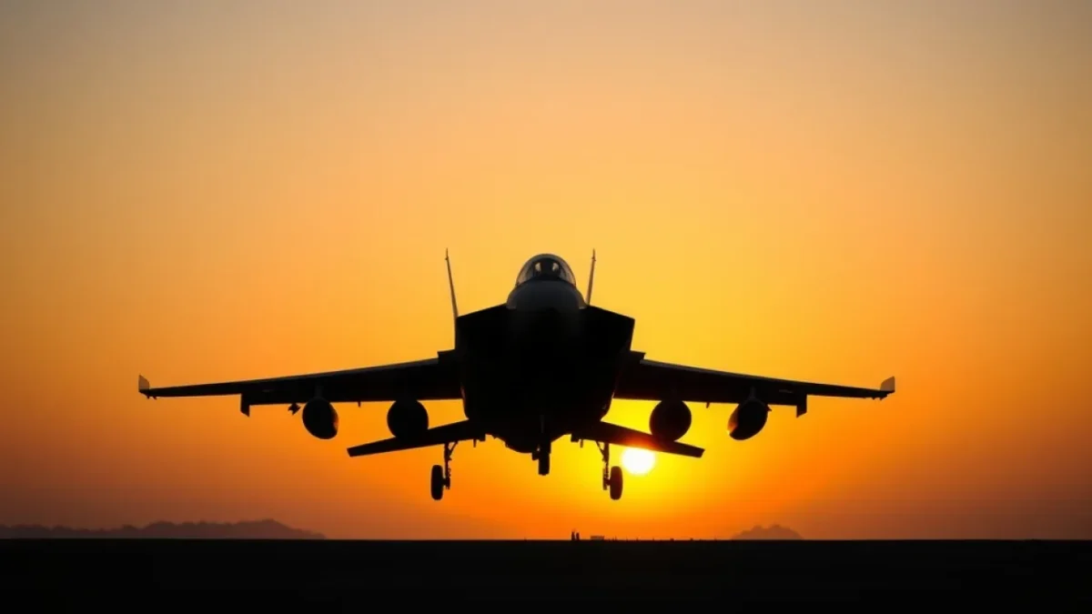 Iran US military tension: military aircraft silhouette against sunset sky middle