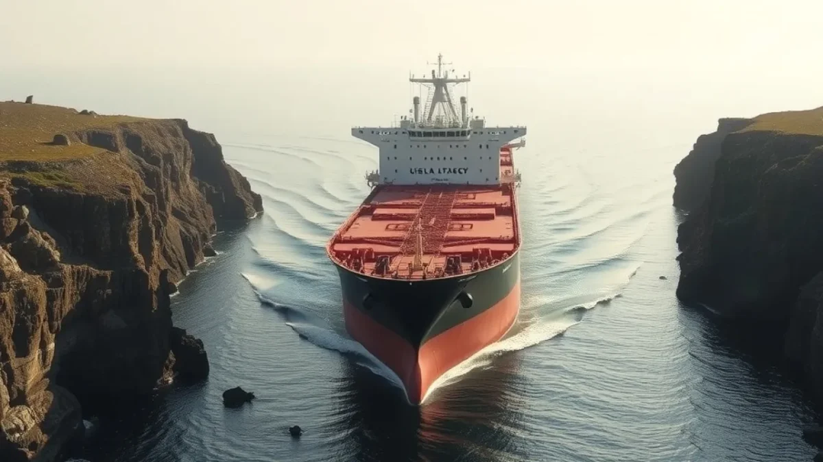 Iran oil tensions: oil tanker ship transiting narrow strait between
