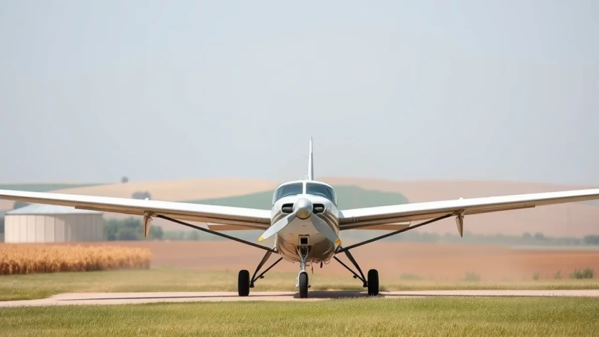 Autonomous aircraft: small crop dusting aircraft on grass airstrip