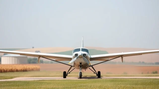 Autonomous aircraft: small crop dusting aircraft on grass airstrip