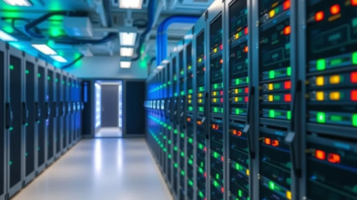 Tech stock rotation: computer server farm with blue and green