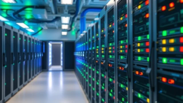 Tech stock rotation: computer server farm with blue and green