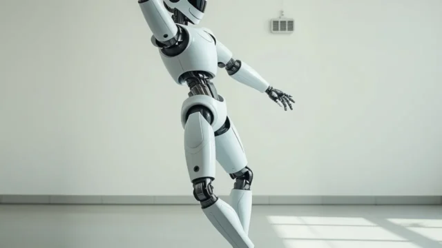 Robot theme parks: humanoid robot performing dance movement sleek metal