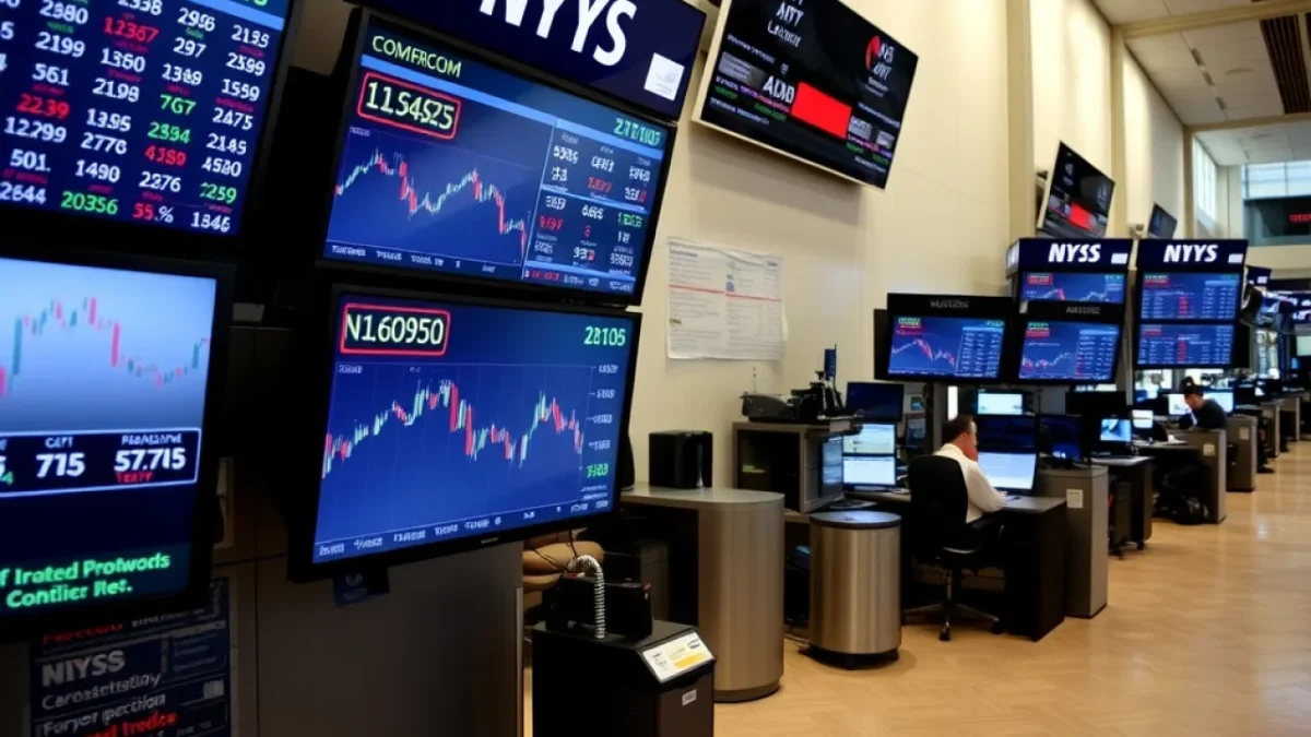 US jobs data: trading floor screens showing market indices