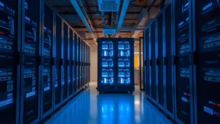 Bitcoin drops below 80K: bitcoin mining facility with server racks lit