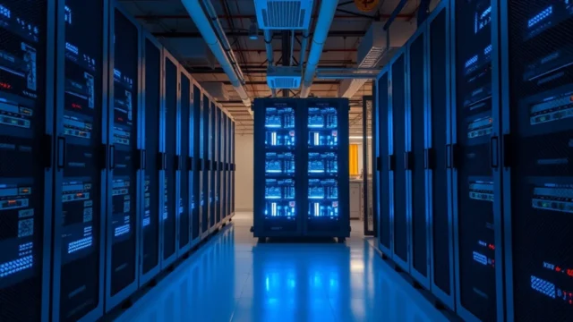 Bitcoin drops below 80K: bitcoin mining facility with server racks lit