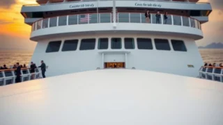 Budget travel spending: cruise ship bow at sunrise passengers