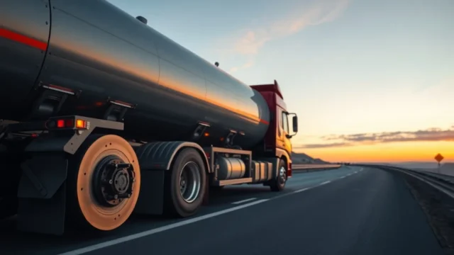 Iran fuel tanker blast: tanker truck on mountain highway at dusk