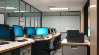 Iran sanctions: bank compliance office interior with computer terminals