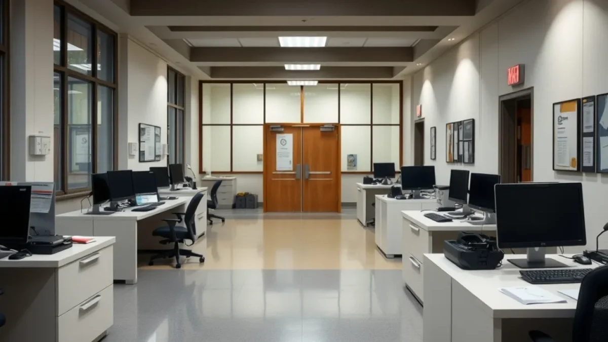Labour feel-good factor: government offices building interior civil service desk