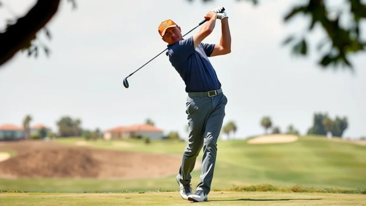 Presidents Cup Internationals: professional golfer mid-swing on fairway at golf