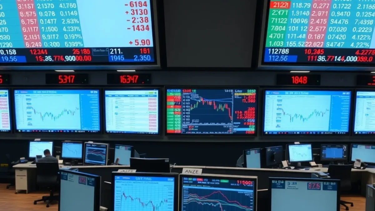 Institutional investors stock market: trading floor with multiple screens showing financial
