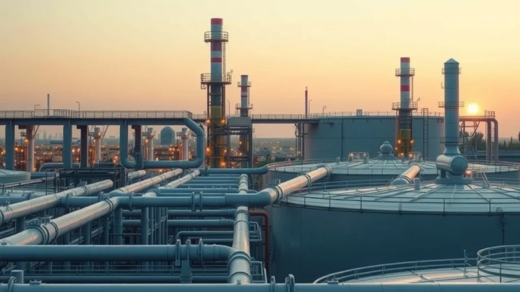 Energy prices bond yields explained: oil refinery complex pipework and storage tanks