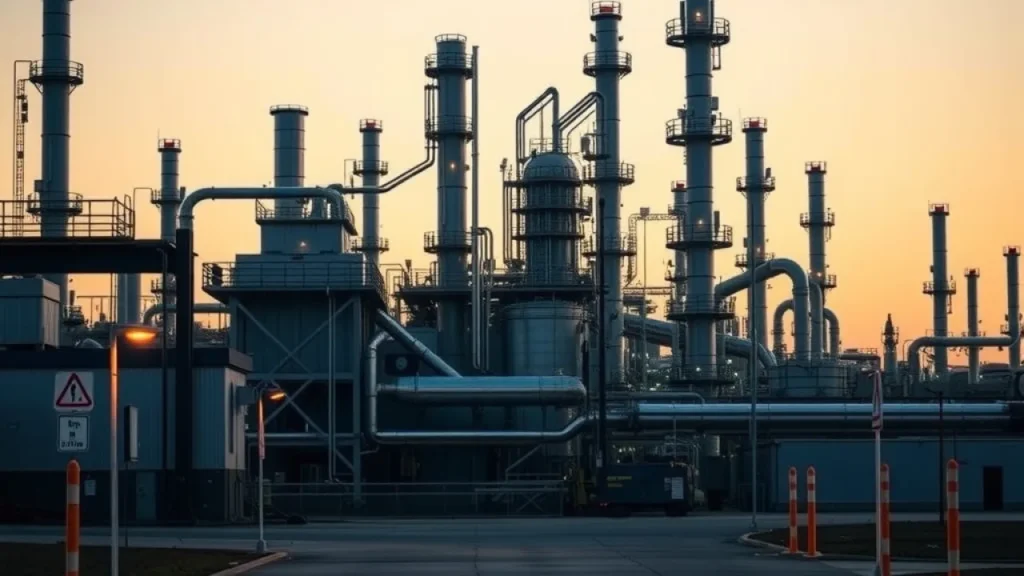 Election outcomes stock market explained: oil refinery industrial complex at dusk