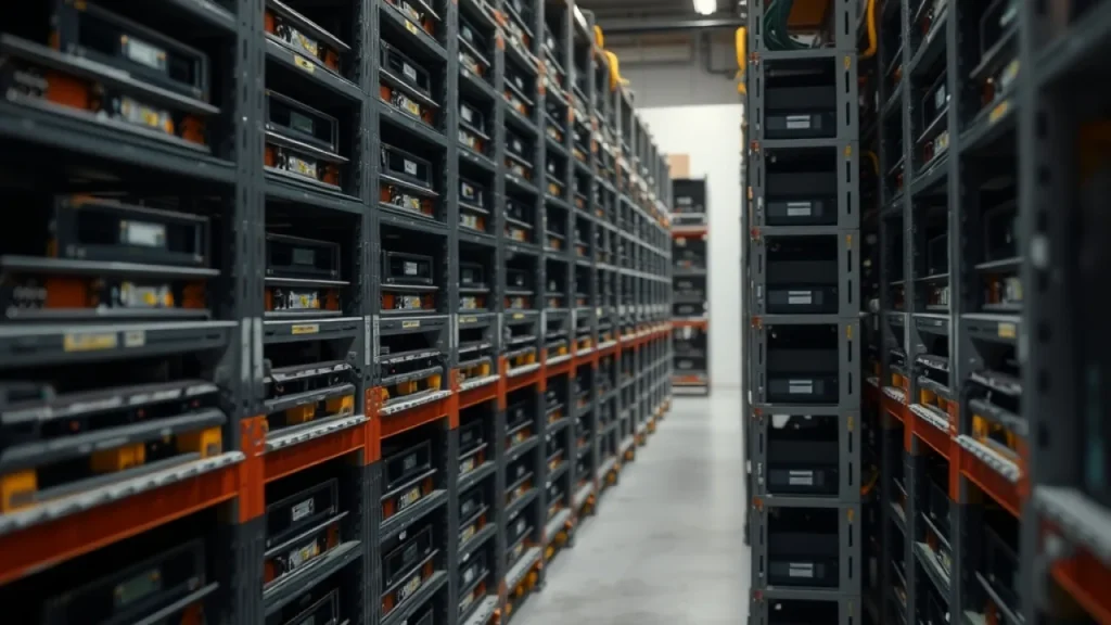 Tether frozen funds explained: stacked cryptocurrency mining equipment warehouse racks close-up
