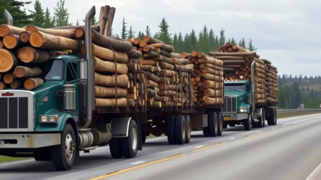 Trump tariffs on Canada explained: heavy timber trucks on rural maine highway