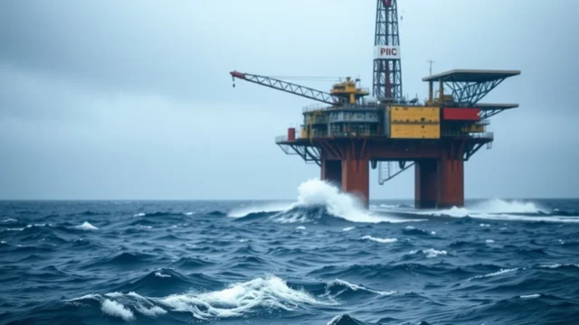 Oil prices fall: offshore oil platform in storm conditions