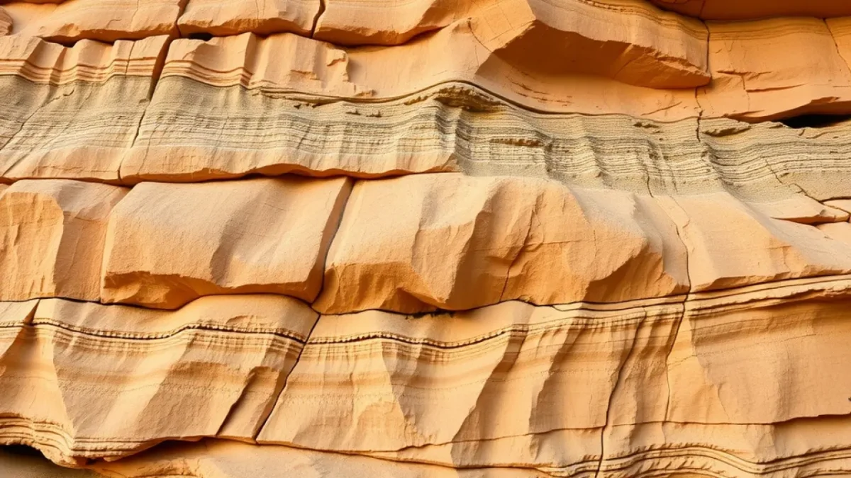 Neanderthal wooden tools: limestone rock face cliff with layered mineral