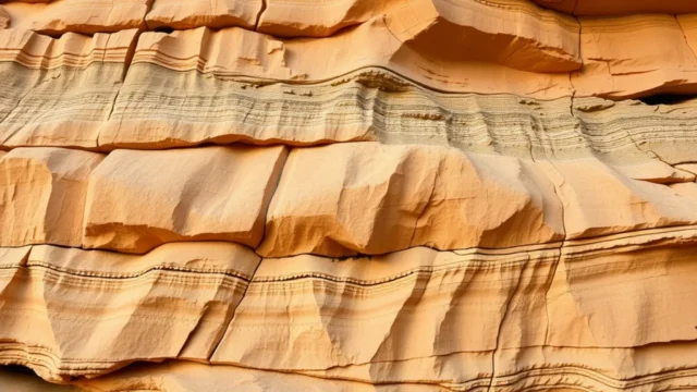 Neanderthal wooden tools: limestone rock face cliff with layered mineral