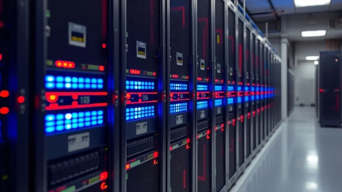 Ai growth budget deficit: server racks in data centre glowing blue