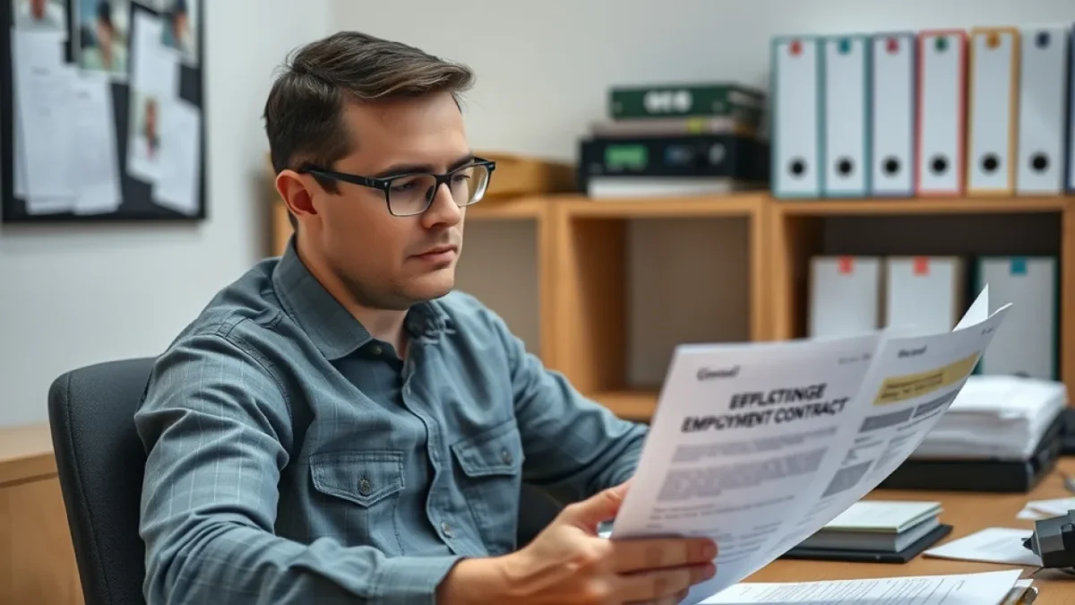 Non-compete clauses: office worker at desk reviewing employment contract