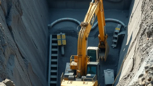 Australia resource revenue gap: mining excavator in open pit mine pit
