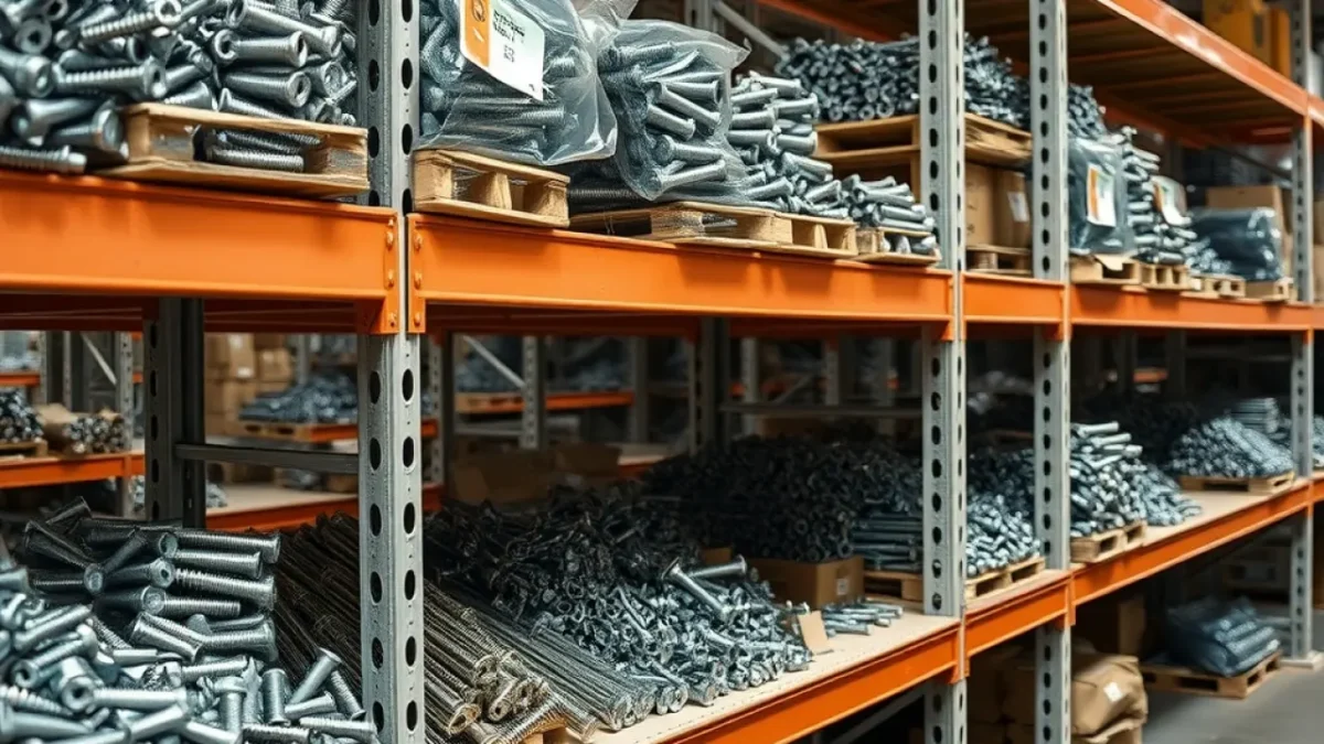 Fastenal earnings: industrial warehouse shelving stacked with bolts