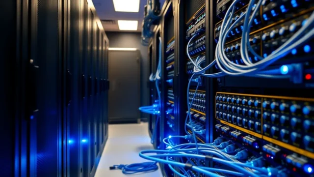 Anthropic revenue growth: data centre server racks with blue light