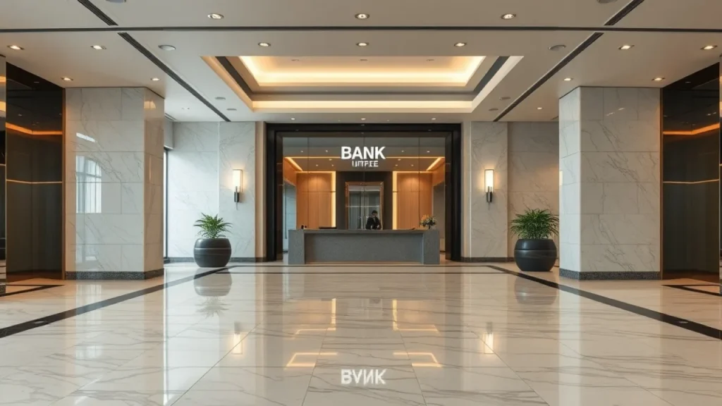 UK bank tax explained: bank office interior marble floors modern architecture